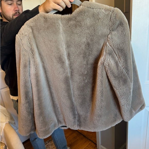 ZARA Women's Taupe Faux Fur Open-Front Jacket with Polka Dot Lining - Picture 2 of 3